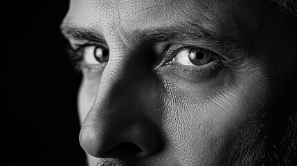 Naklejka premium Close-up portrait of a man highlighting facial features in monochrome tones for dramatic effect in a studio setting