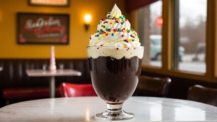 Indulgent Chocolate Soda Float Topped with Sweet Whipped Cream and Cheerful Sprinkles, Served on a Marble Table.