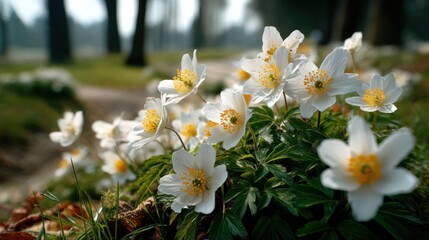 White wildflowers bloom in a sunny woodland during spring near a winding path