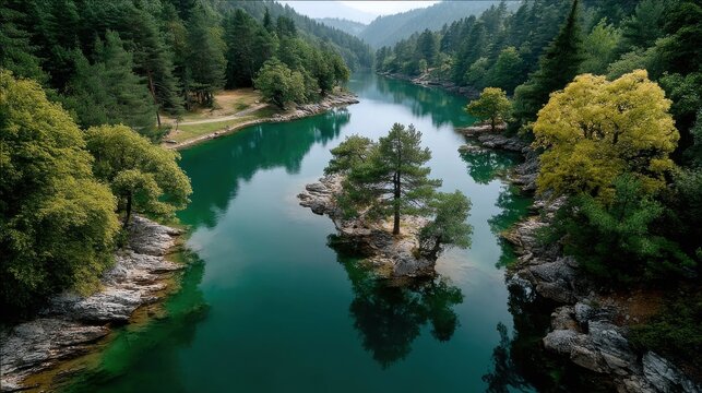Serene river bend surrounded by lush greenery and rocky islands under soft light in a quiet early morning setting