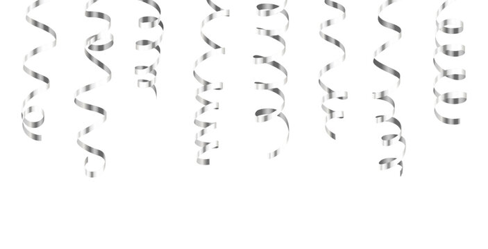 Vector realistic shiny silver metallic decorative hanging party streamers pattern isolated on white background	
