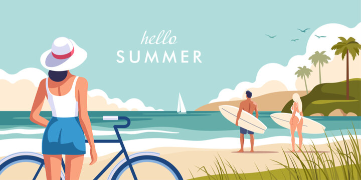 Concept of summer party, vacation and travel. A scene at the beach captures couple preparing of surfing, a woman leans on her bike and relaxing by the sea. Vector illustration.