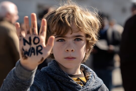 Young activist holds up hand with no war message during peaceful protest in urban setting
