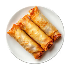 three golden-brown spring rolls neatly arranged on a white plate the rolls are crispy and appear to be filled with a savory mixture. likely vegetables or meat this dish is often enjoyed as an appetize