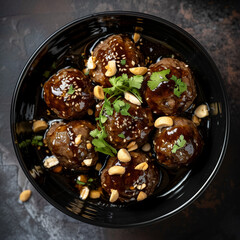 Top View Dark Meatballs in Black Bowl with Peanuts and Thin Dark Sauce Underneath
