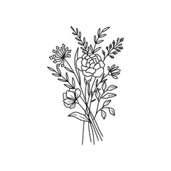 Flower bouquet vector. Hand drawn flower. Wildflower line art bouquets, wild plant, botanical vector illustration