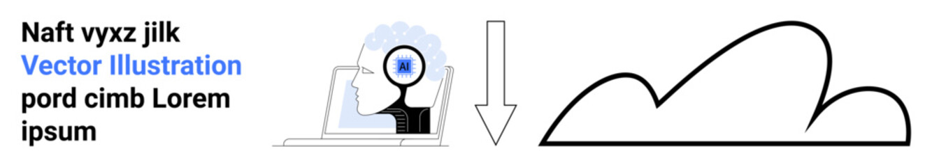 Person using a magnifying glass over a laptop, downward arrow signaling progression, and a curved mountain shape. Ideal for business growth, research, analysis, technology, discovery, strategy