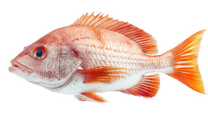 Obraz premium vibrant. fresh fish. specifically a red snapper. displayed against a white background the fish is shown in profile. highlighting its smooth scales. prominent fins. and striking colors. making it suita