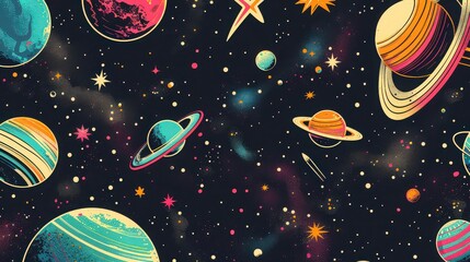Space-themed illustrations with planets, stars, and comets in bold colors and cosmic designs.