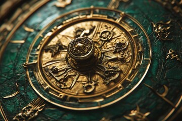 Intricate design of a vintage astrological compass showcasing zodiac signs and celestial figures in rich detail