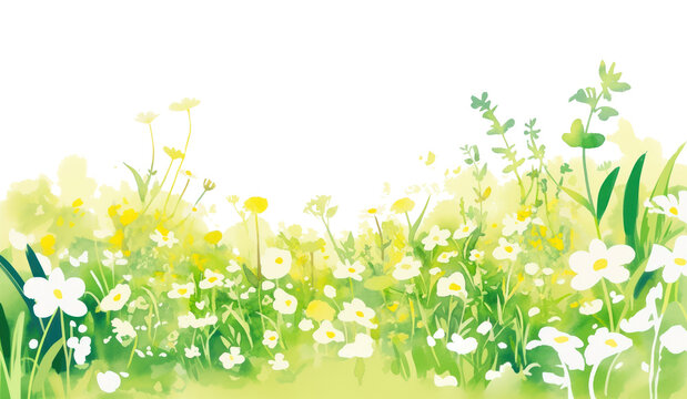 PNG A field of white flower with leaves and grass flowers art illustration.