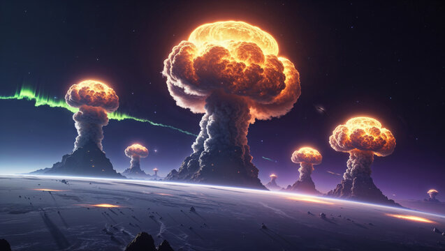 Epic view of nuclear explosions on a distant planet against a starry cosmic background.