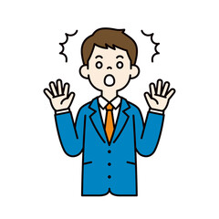 両手を広げてビックリする、スーツを着た若い男性のベクターイラスト素材＿線幅の編集可能＿カラー