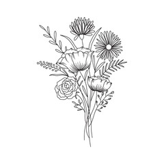 Flower bouquet vector. Hand drawn flower. Wildflower line art bouquets, wild plant, botanical vector illustration