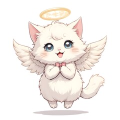 Adorable Angelic White Kitten Soaring with Wings and Halo: A Digital Art Creation