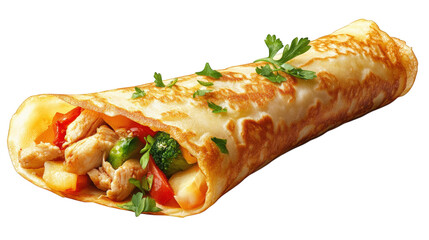 a delicious rolled crepe filled with chicken. vegetables. and garnished with fresh herbs the crepe is golden brown and showcases a blend of colorful ingredients. highlighting its appeal as a tasty mea