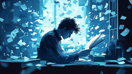 A focused student engrossed in deep study, surrounded by floating papers.