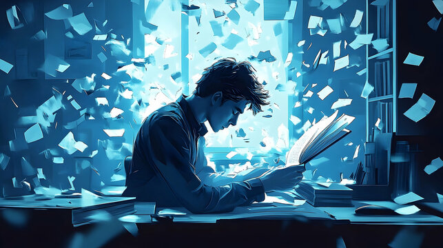 A focused student engrossed in deep study, surrounded by floating papers.