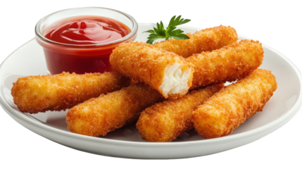plate of golden-brown. breaded cheese sticks served with a small bowl of ketchup and garnished with a sprig of parsley the cheese sticks are crispy on the outside and gooey on the inside. making them