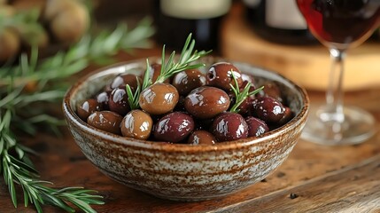 A beautiful bowl of olives with rosemary and a glass of red wine on a rustic wooden table.