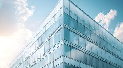 Obraz premium Modern glass building reflections urban cityscape architectural photography clear sky aesthetic viewpoint