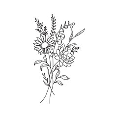 Flower bouquet vector. Hand drawn flower. Wildflower line art bouquets, wild plant, botanical vector illustration