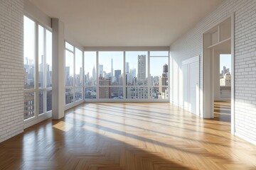 Fototapeta premium Empty bright New York loft with floor-to-ceiling windows, white brick walls, parquet flooring, and cityscape view. Photorealistic high-resolution interior.