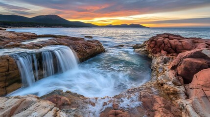 Obraz premium Serene Morning by the Sea: Gentle Waves and Stunning Sunrise