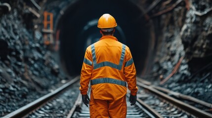 Engineer in orange uniform and helmet stands in underground railway tunnel, high-resolution close-up with natural light, sharp focus, and soft shadows.