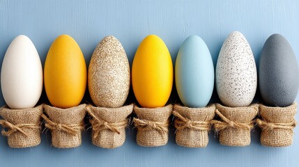 Pastel Easter Eggs in Straw Nests on Blue Wood
