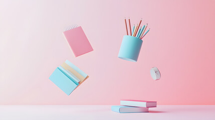 Pastel Stationery Floating Pink Background Books Pencils Notebooks Clock Education Concept