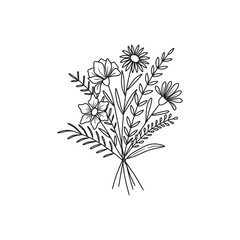 Flower bouquet vector. Hand drawn flower. Wildflower line art bouquets, wild plant, botanical vector illustration