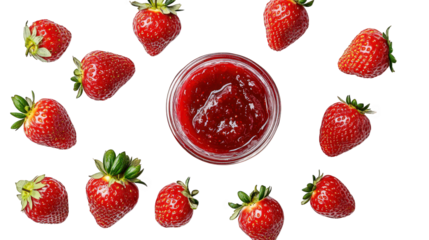 jar of strawberry jam at the center. surrounded by fresh strawberries on a white background this visually appealing arrangement emphasizes the deliciousness and freshness of the ingredients. highlight