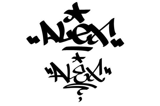 Graffiti tag text "Alex" in bold street art style. Hand-drawn vector lettering with a personal, urban vibe. Isolated on white background, perfect for custom designs, fashion, and merchandise.