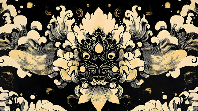 Intricate symmetrical design of mythical creature and floral motifs.