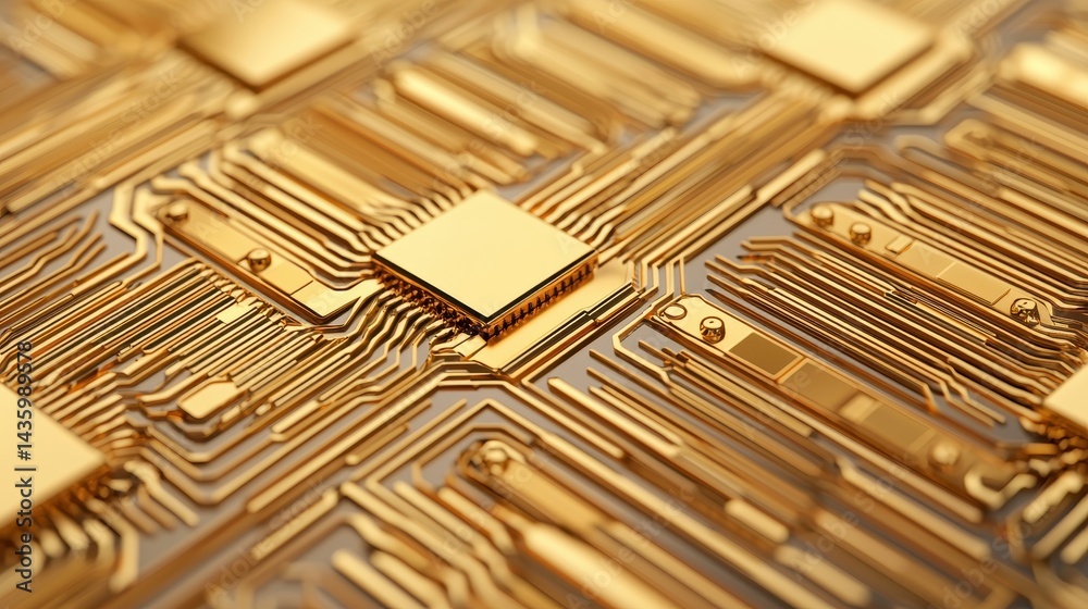 Poster a close-up image of a golden circuit board showcasing intricate patterns and components, highlightin