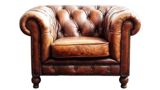 classic. vintage-style leather armchair with a tufted design. showcasing rich brown tones and decorative nailhead trim its elegant appearance makes it suitable for various settings. including living r