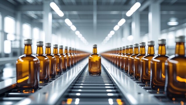 Bottles move along a conveyor belt inside a modern factory, representing industrial automation.