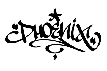 Graffiti tag text "Phoenix" in bold street art style. Hand-drawn vector lettering with fiery, dynamic energy. Isolated on a white background, perfect for designs, fashion, and merchandise.