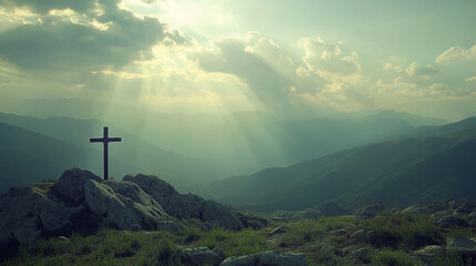 Cross silhouette stands out against heavenly light over misty mountain landscape