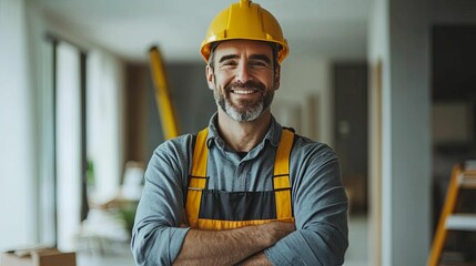 Smiling construction worker in workwear, indoors.