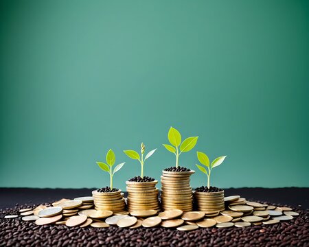 Samen wachsen auf gestapelten M&uuml;nzen und Samen in Finanzkonzepten und Investitionen, die Geld sparen oder finanzielles Wachstum und Gesch&auml;fte f&uuml;r Profit erm&ouml;glichen