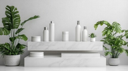 White Cosmetic Products Displayed on Marble Shelf with Lush Greenery
