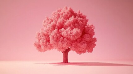 A vibrant, pink tree stands alone in a minimalist setting.