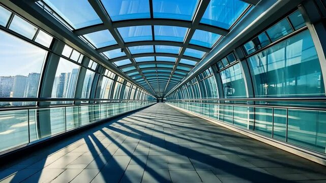 Modern Glass Skyway: Sunlit Pathway with City Views. Architectural Design, Urban Landscape, Sunlight Through Glass Roof, Blue and Grey Tones.