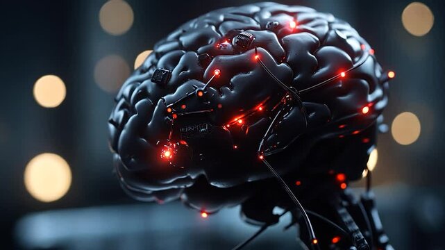 Video of a 3D rendered anatomical human brain model with glowing red neural pathways on a dark background with bokeh