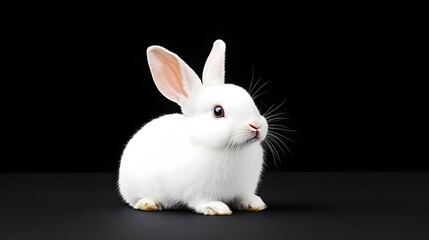 Obraz premium Adorable white rabbit sits against a black background Pink inner ears and red eyes are visible