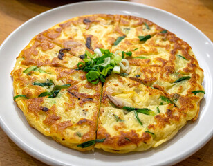 A steaming plate of savory pajeon, a Korean pancake with scallions and often seafood, showcasing a popular and flavorful Korean dish.