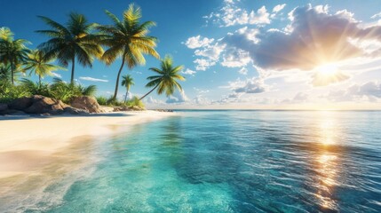 Tropical Beach Sunset with Palm Trees and Clear Ocean