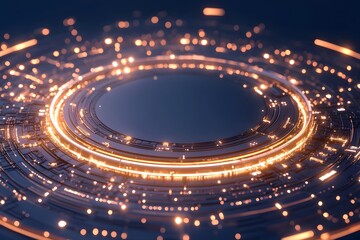 Glowing circular tech design; dark background, metallic rings with orange light accents and bokeh effect